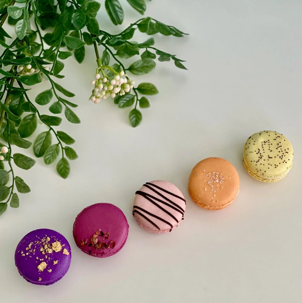 From Campanula Design Studio: A box of five French Macarons in a seasonal assortment of flavors. Naturally gluten free. 