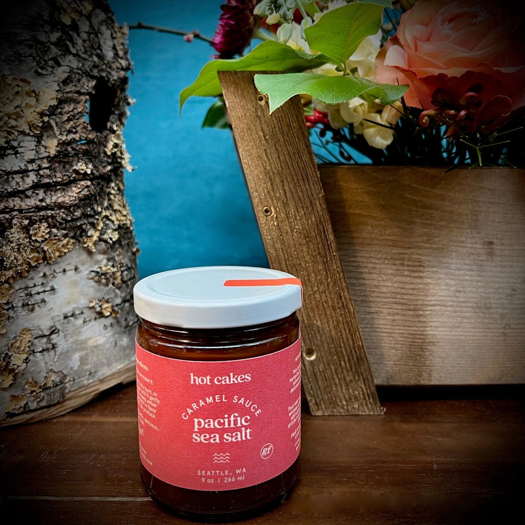 Hot Cakes Pacific Coast Sea Salt Caramel Sauce is available as an add-on to gift baskets from Campanula Design Studio in Seattle or as a stand-alone product.