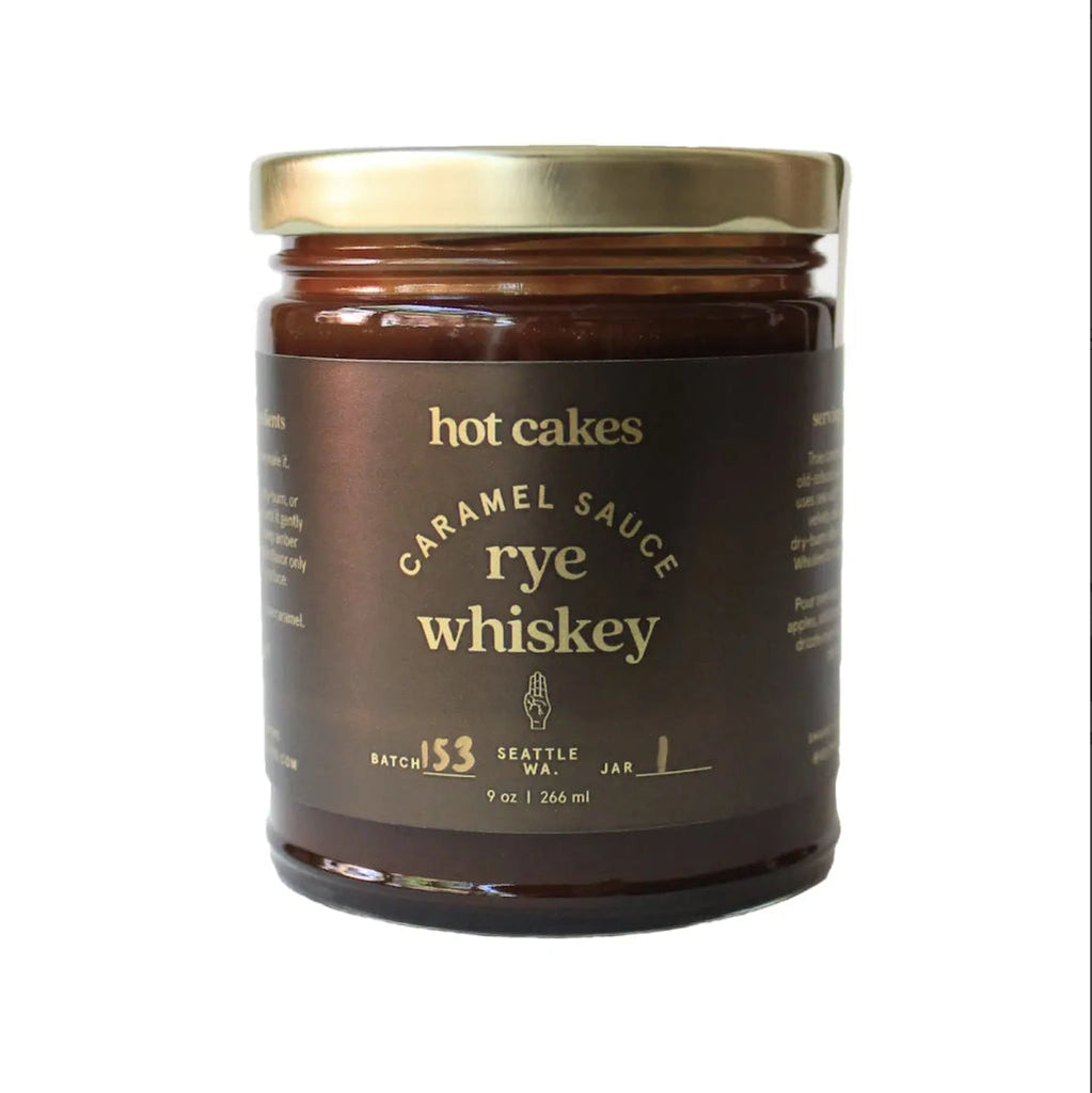 Hot Cakes Rye Whiskey Caramel Sauce is available as an add-on to gift baskets from Campanula Design Studio in Seattle or as a stand-alone product.