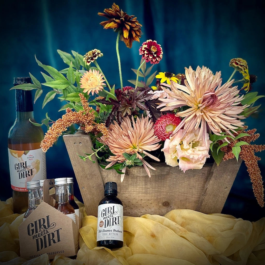 Available from Campanula Design Studio, Mama Said (There'd be Days Like This) is a seasonally inspired floral designed in our petit panier gift basket is paired with some Girl Meets Dirt products perfect for mixing the perfect mocktail or cocktail if you prefer.