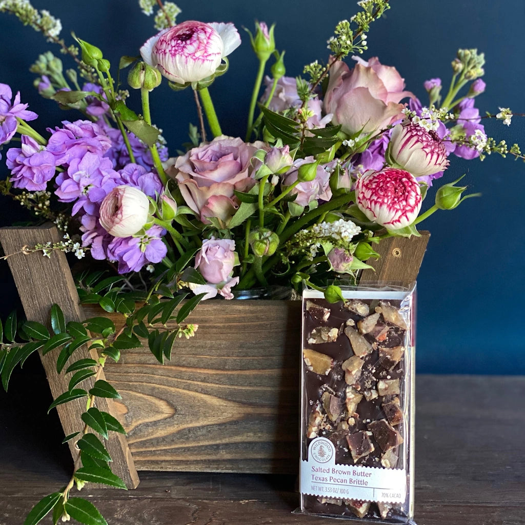 Beautiful handcrafted chocolate bars.  With crunchy brown butter pecan brittle covering rich dark chocolate, this bar has it all! 