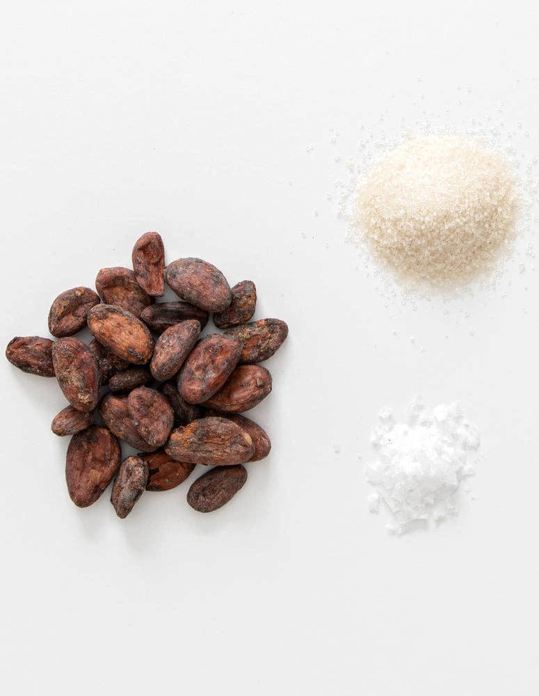 Cocoa beans and sugar crystals on a white background