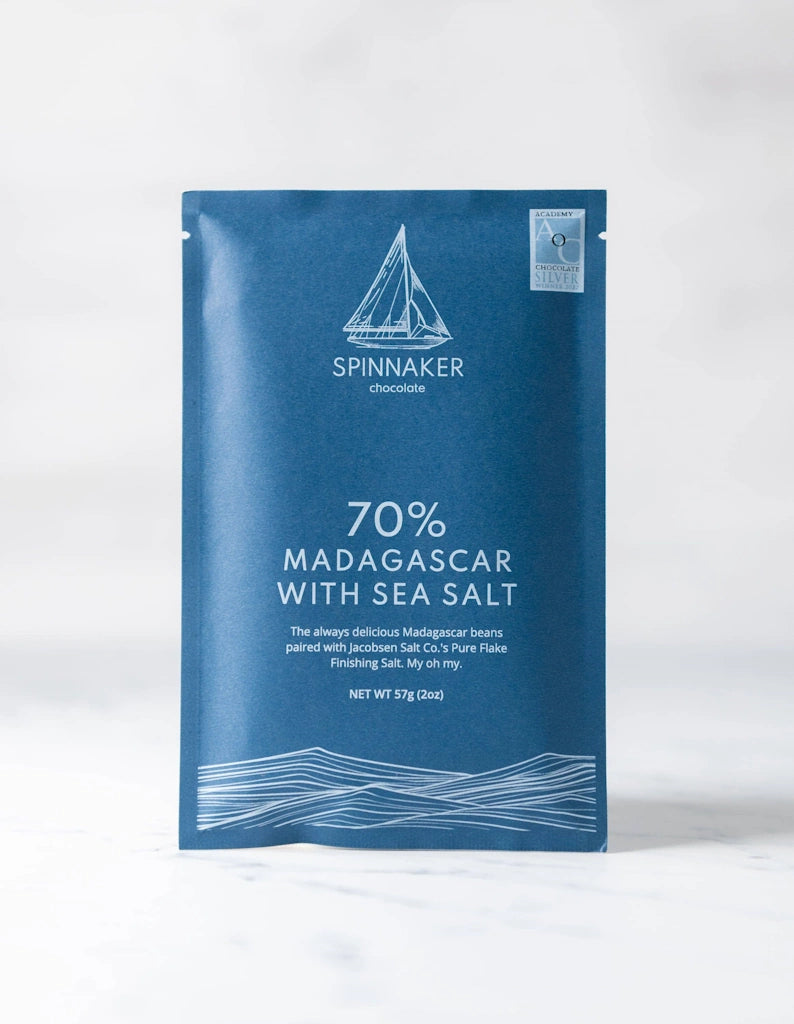 Blue Spinnaker 70% Madagascar with Sea Salt Chocolate Bar  on a white background.  Available from Campanula Design Studio, Seattle Florist and Luxury Gift basket company in the Magnolia Neighborhood.
