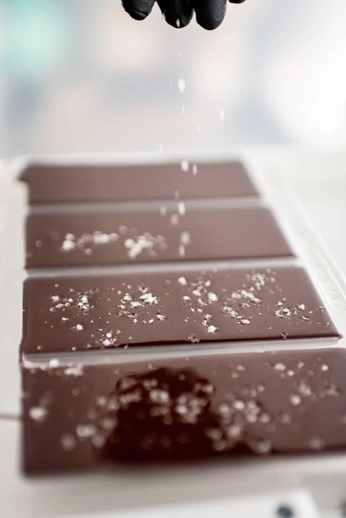 Chocolate bars with sea salt sprinkles on a white surface, with a blurred background.