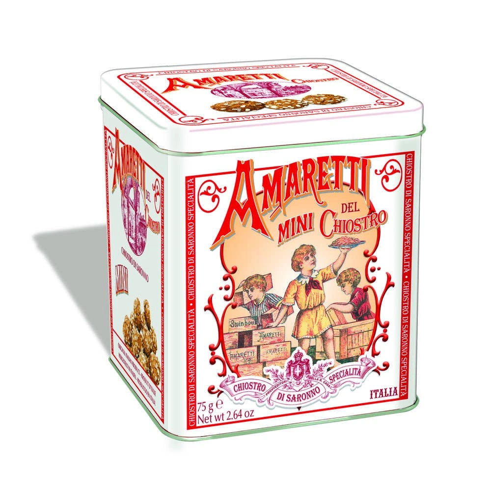 Amaretti cookie tin with vintage-style packaging on a white background