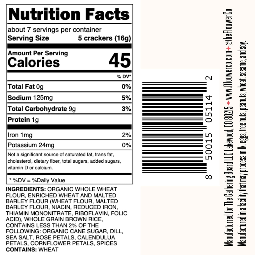 Nutrition facts label for crackers with a barcode and ingredient list.
