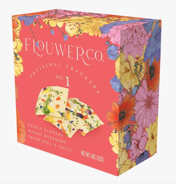 Flowerco artisinal crackers box with floral design on a white background
