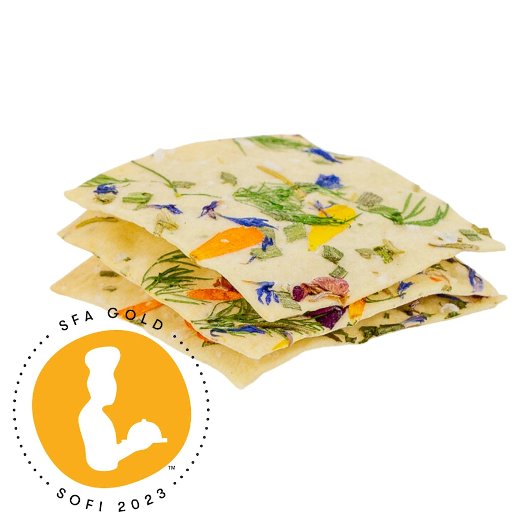 Stack of floral-patterned crackers with a SOFI award logo on a white background