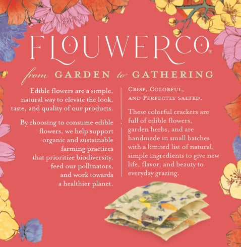 Flowerco product advertisement with colorful flowers and text on a red background