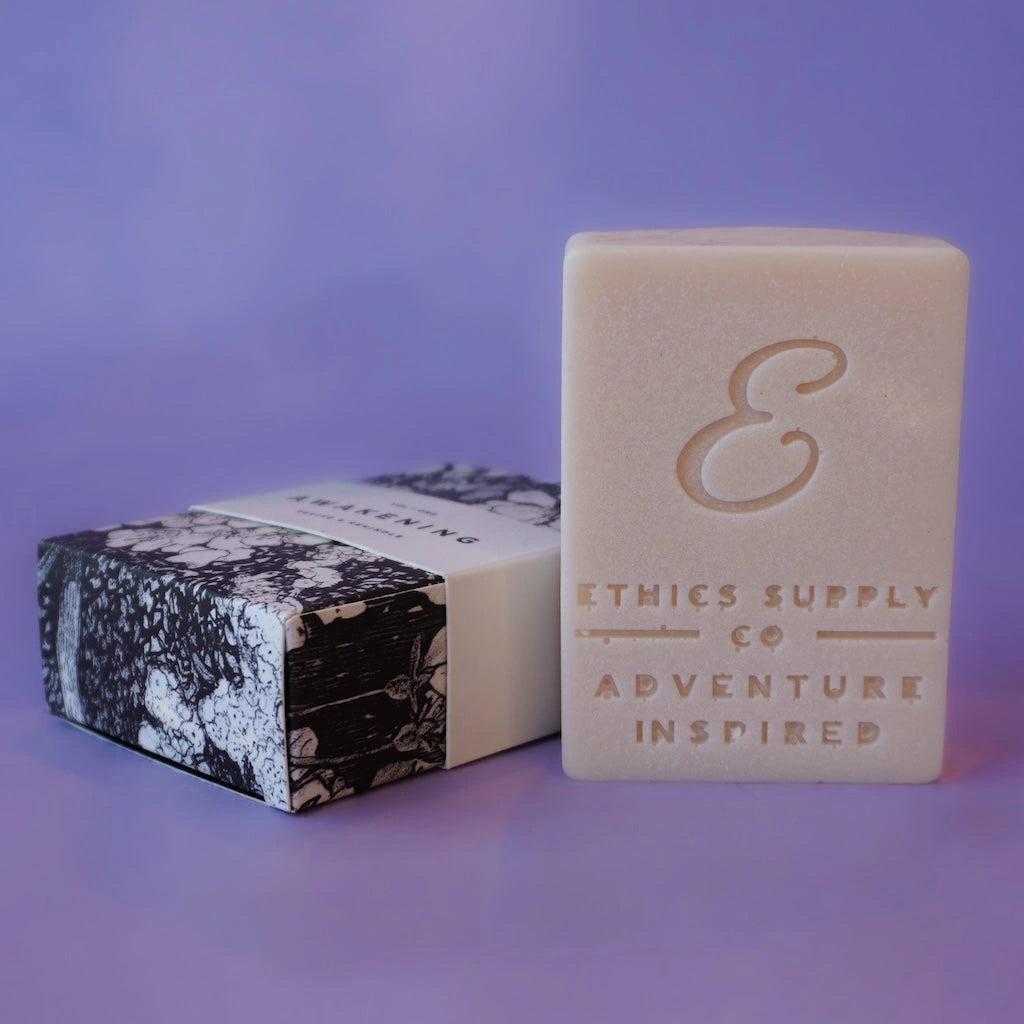 Bar of soap with 'Ethics Supply Co' branding on a purple background