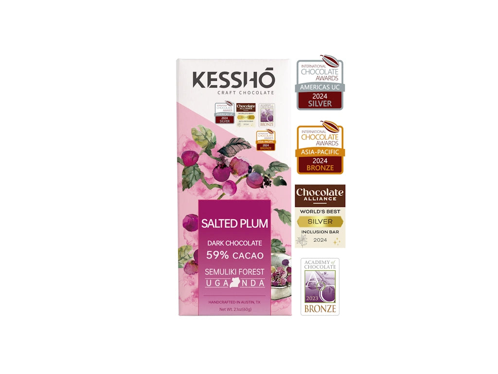 Kesshô chocolate bar packaging with plum illustration on a white background.  Available for sale from Campanula Design Studio, Seattle florist and gift basket company in the Magnolia neighborhood.