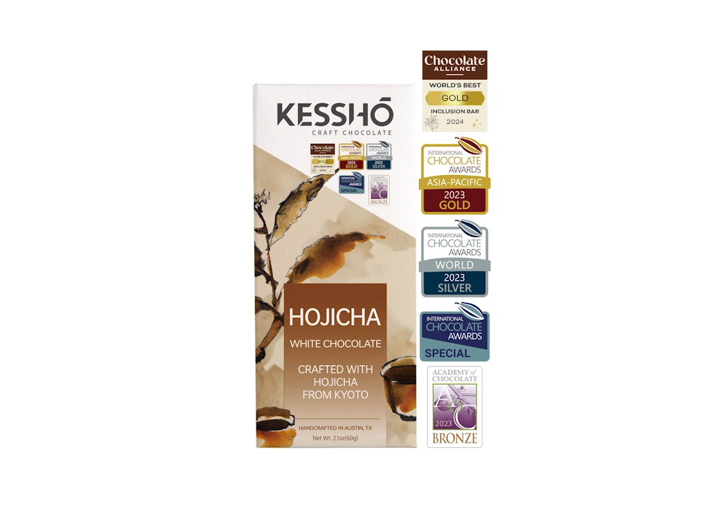 Kessho Hojicha white chocolate packaging on a white background.  Available for sale from Campanula Design Studio, Seattle florist and gift basket company in the Magnolia neighborhood.