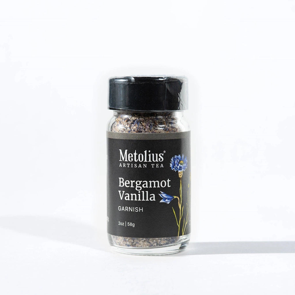 Bottle of Metolius Artisan Tea Bergamot Vanilla Garnish on a white background