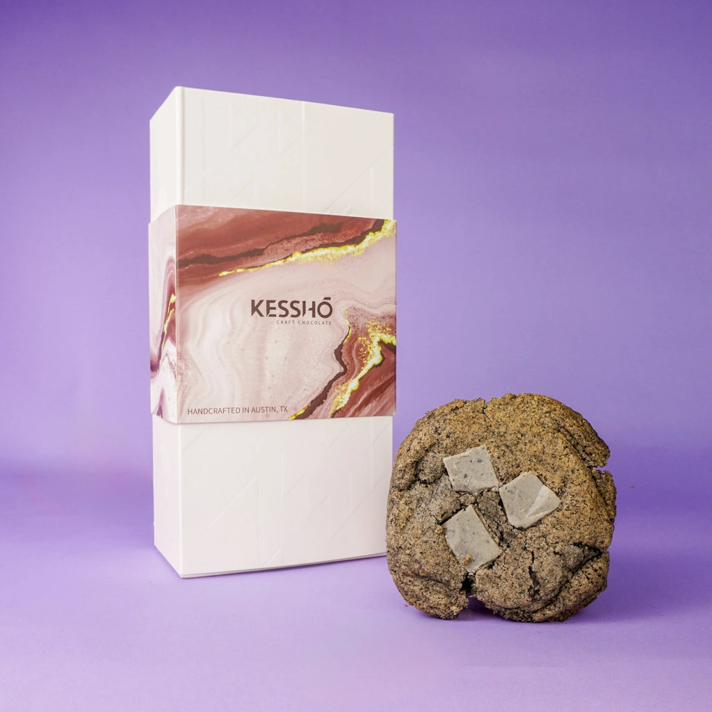 Kessho cookie package with a cookie on a purple background
