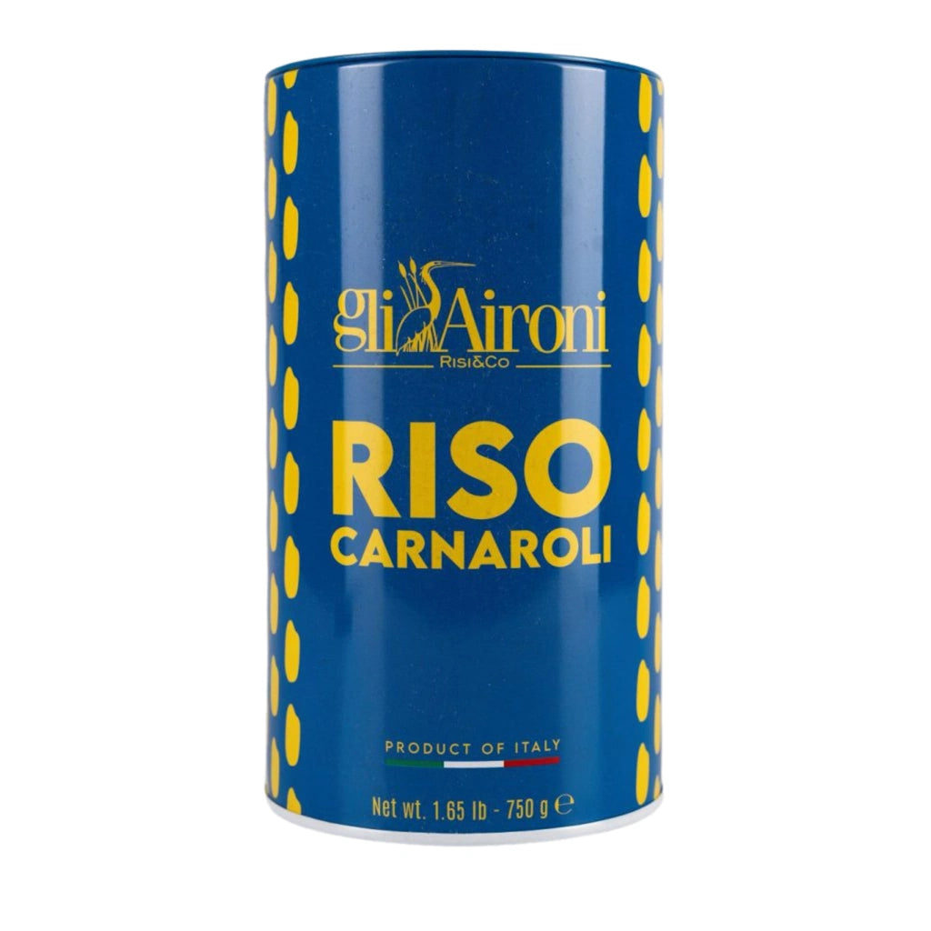 Blue canister of Gli Aironi Riso Carnaroli on a white background