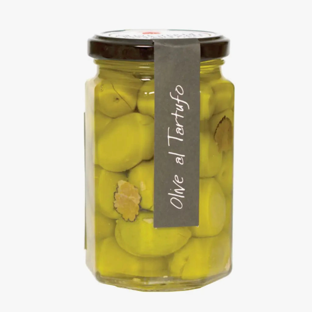 From Campanula Design Studio: Casina Rossa Olives with Truffle - Tender green olives from Abruzzo packed in olive oil. Savory, earthy undertones of truffle. Excellent for cocktail hour snacks.