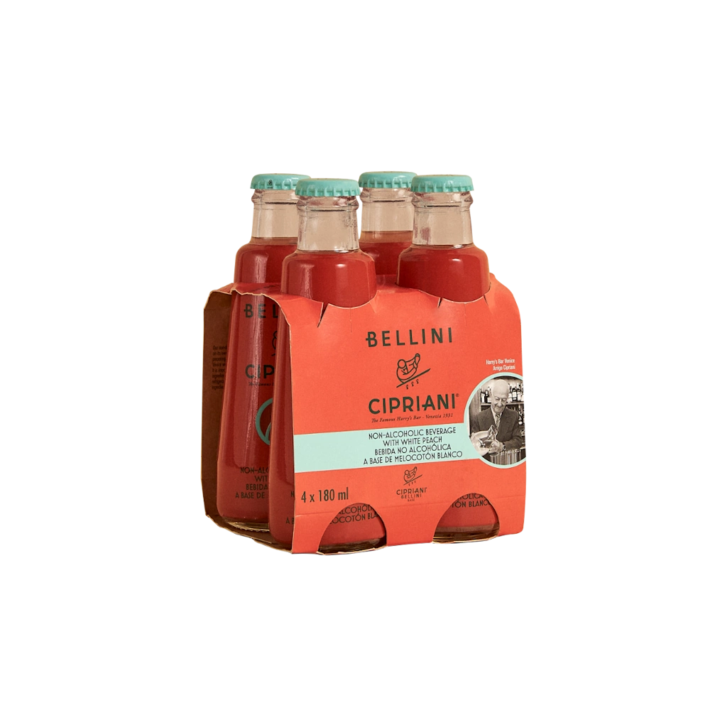 Pack of Bellini Cipriani non-alcoholic beverage bottles with packaging on a white background