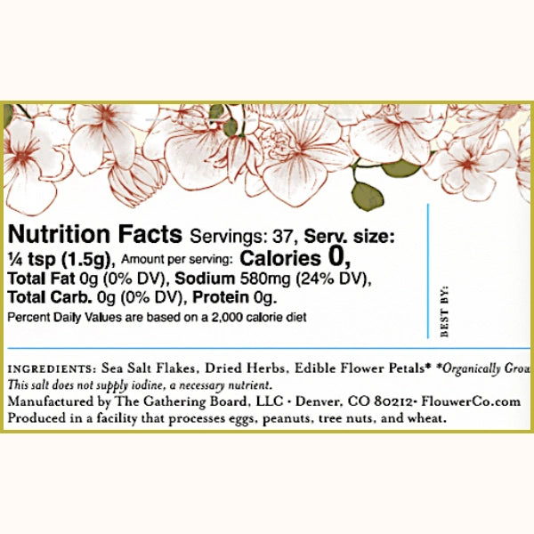Nutrition facts for Flouwer & Co garnishing salt label with floral design at the top.