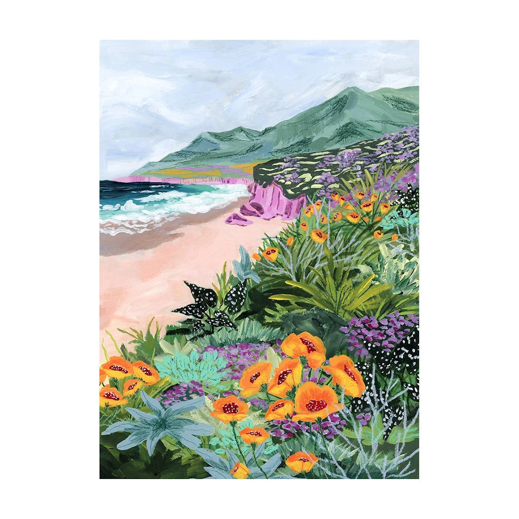 Painting of a coastal scene with flowers and mountains