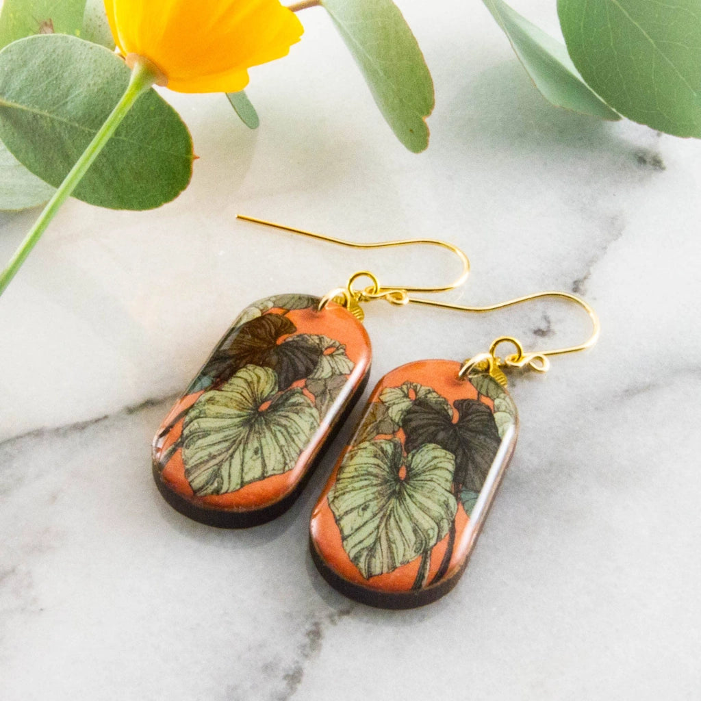 monstera gifts Coral + Green Monstera Leaf Oblong Earrings