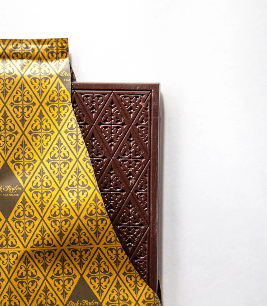 Chocolate bar with gold packaging on a white background
