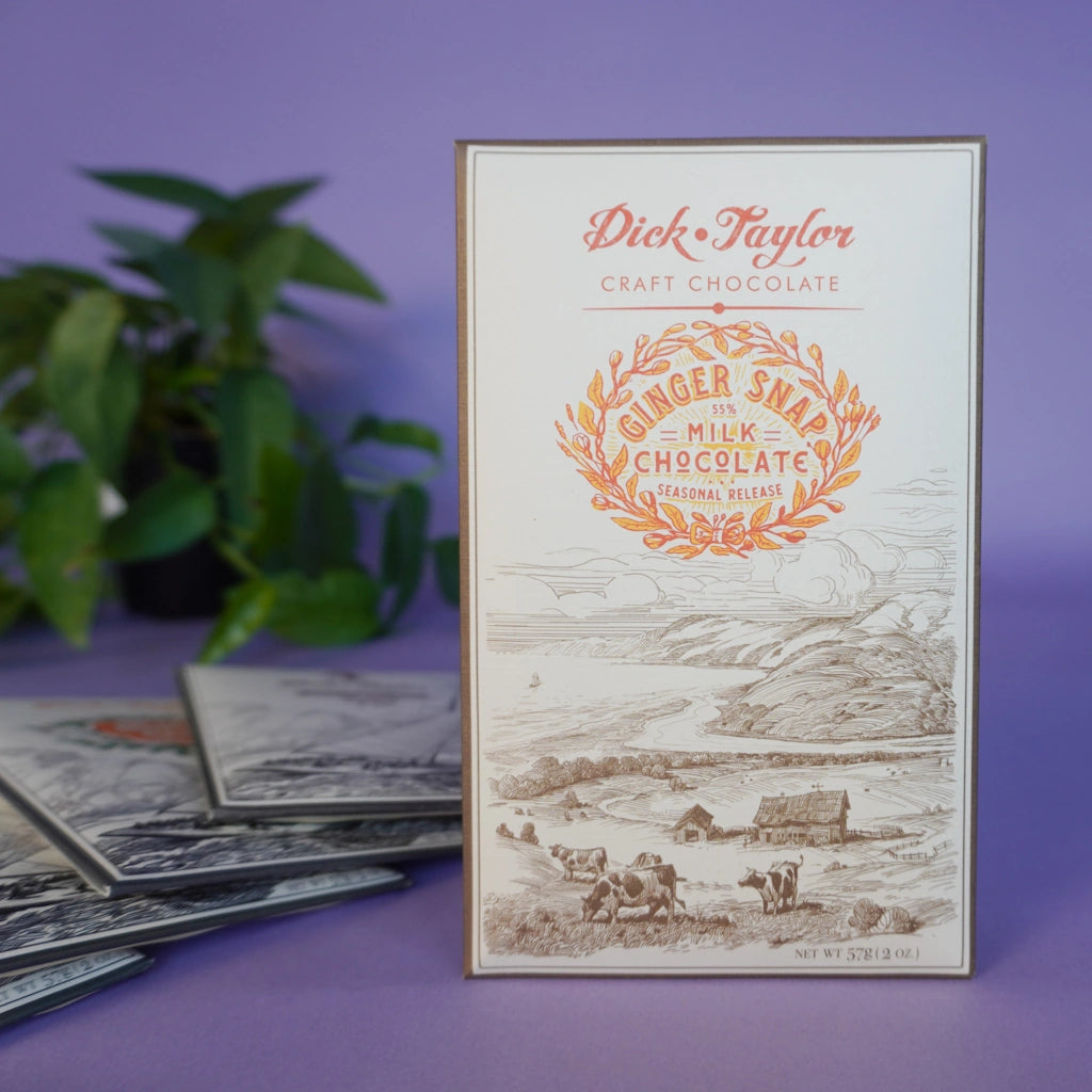 Dick Taylor craft chocolate Ginger Snap Milk Chocolate bar packaging with scenic illustration on a purple background
