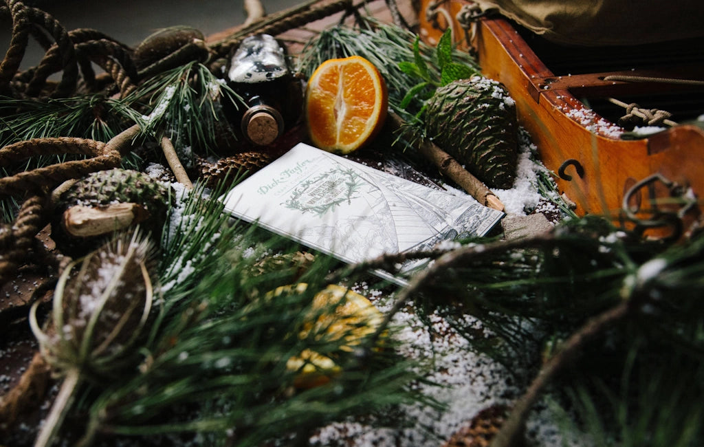 Decorative still life with greenery, an orange, and a small white box of chocolate on a textured surface.