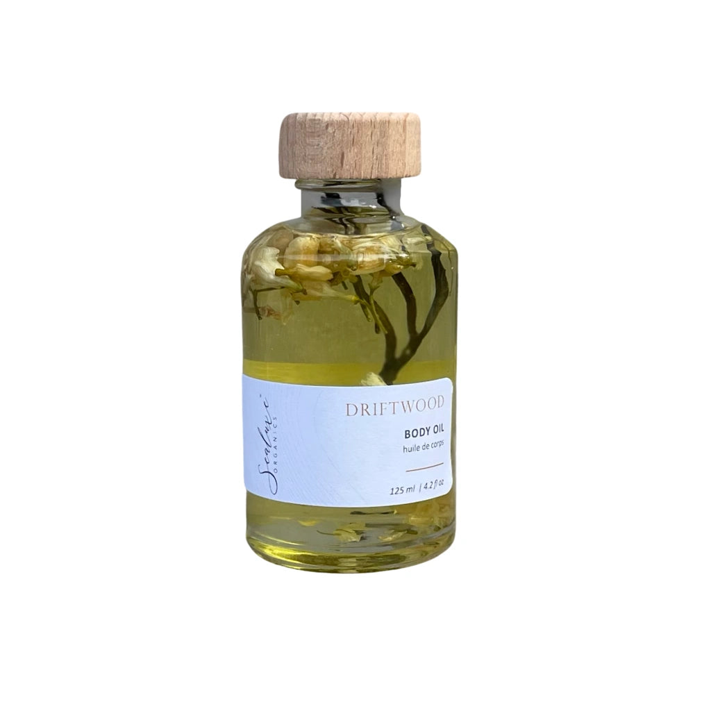 From Campanula Design Studio:Sealuxe's Driftwood Bath and Body Oil is a luxurious blend of nourishing coconut oil, olive oil, seaweed extract, and the soothing scent of bergamot, howood and tabacco oils.
