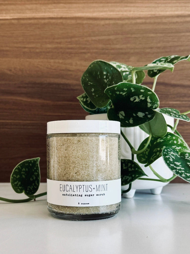 Jar of eucalyptus mint sugar scrub on a surface with a plant in the background