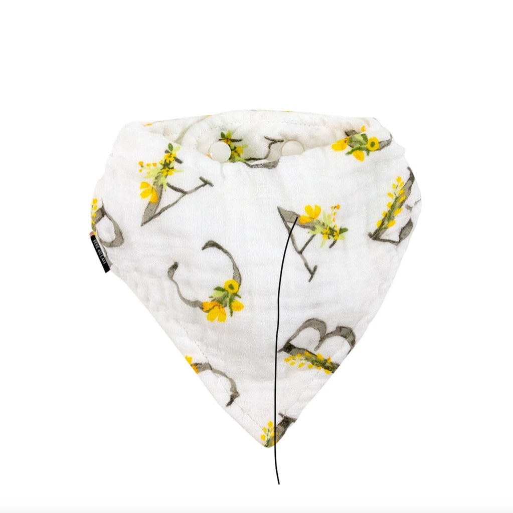 From Campanula Design Studio: Floral Alphabet Classic Muslin Bandana Bib - Catch some drool or simply style up an outfit with this adorable cotton muslin bandana bib.