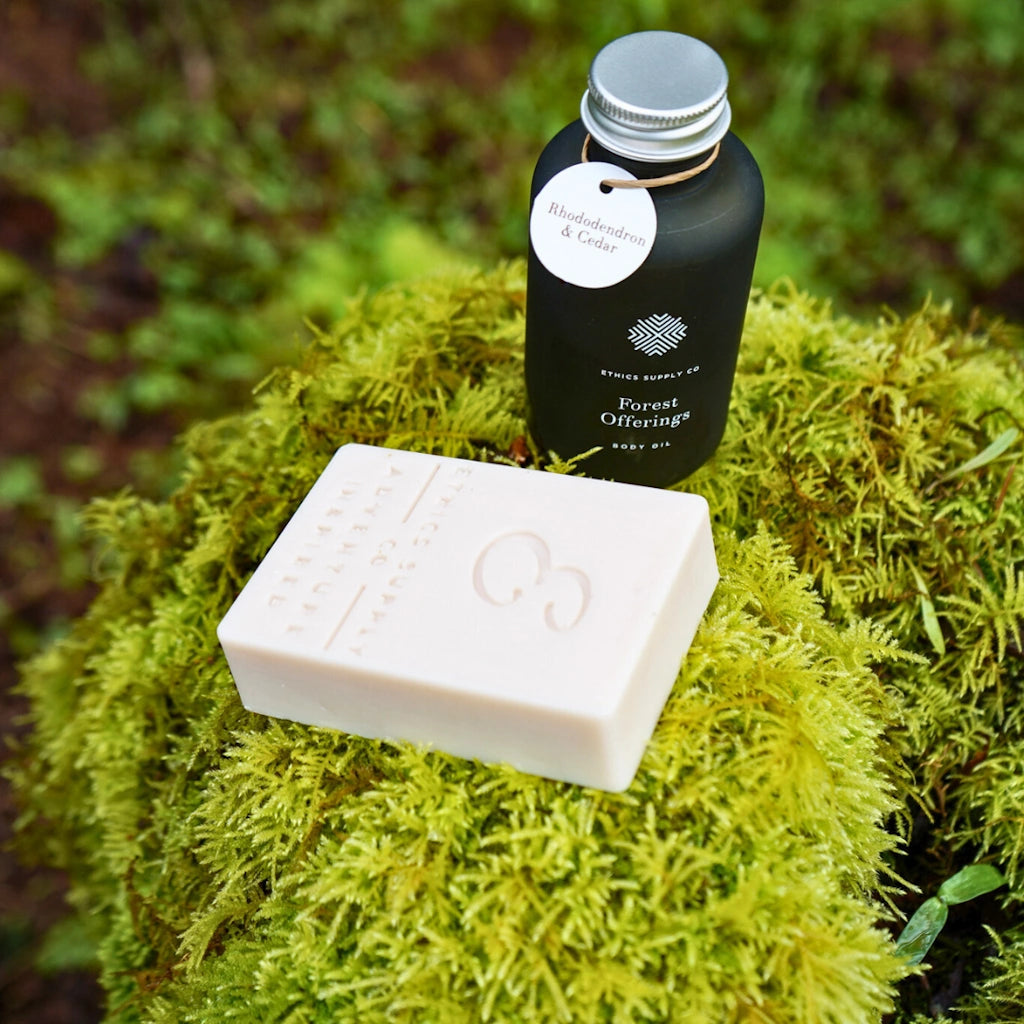 Bar of soap and bottle on a bed of green moss