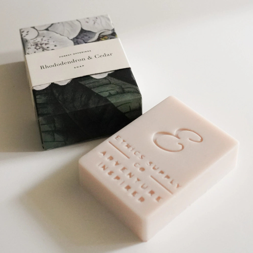 Bar of soap with 'Elyce & Co' branding next to a branded soap box on a light background