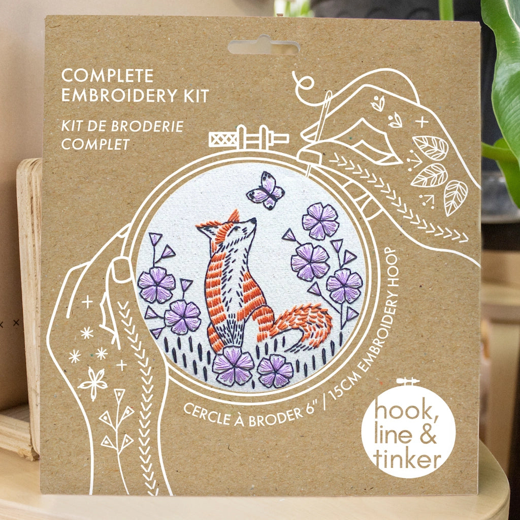 Embroidery kit packaging with a fox design on a beige background.  Available for sale from Campanula Design Studio, Seattle florist and gift basket company in the Magnolia neighborhood.