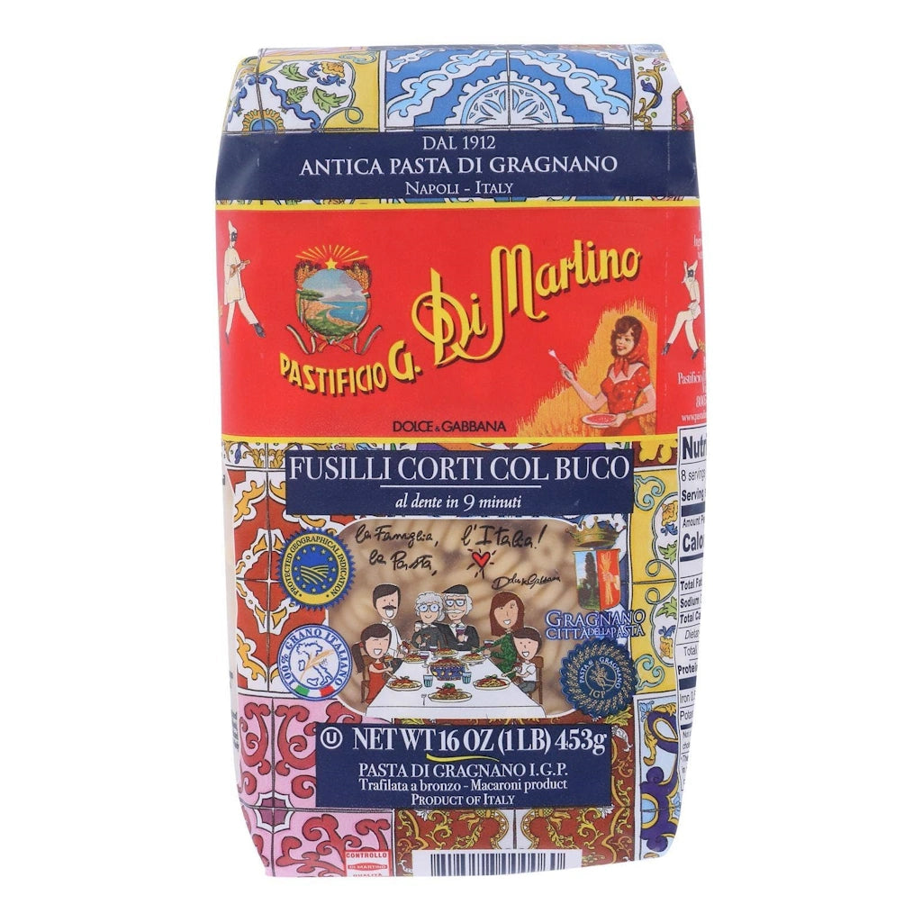 Di Martino pasta packaging with colorful design and text