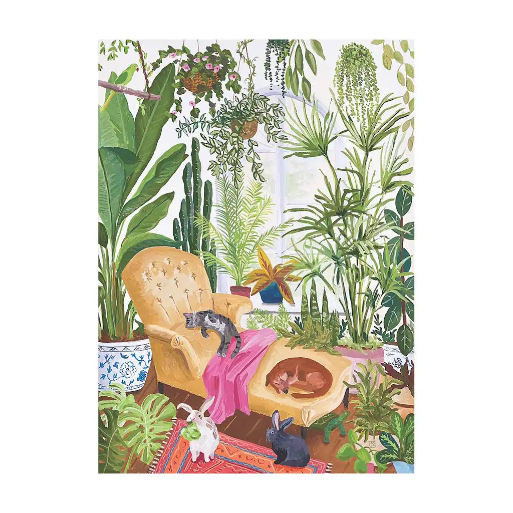 Anja Riebensahm illustrates a haven of houseplants growing in a beautiful sunroom. As you piece together this serene 1000 piece puzzle by Puzzle Weekend, can you spot all six animals featured in the artwork?  Available from Campanula Design Studio, Seattle florist and gift basket company for individual sale, or add it to one of our flower arrangements, gift baskets, or houseplants for the perfect gift.