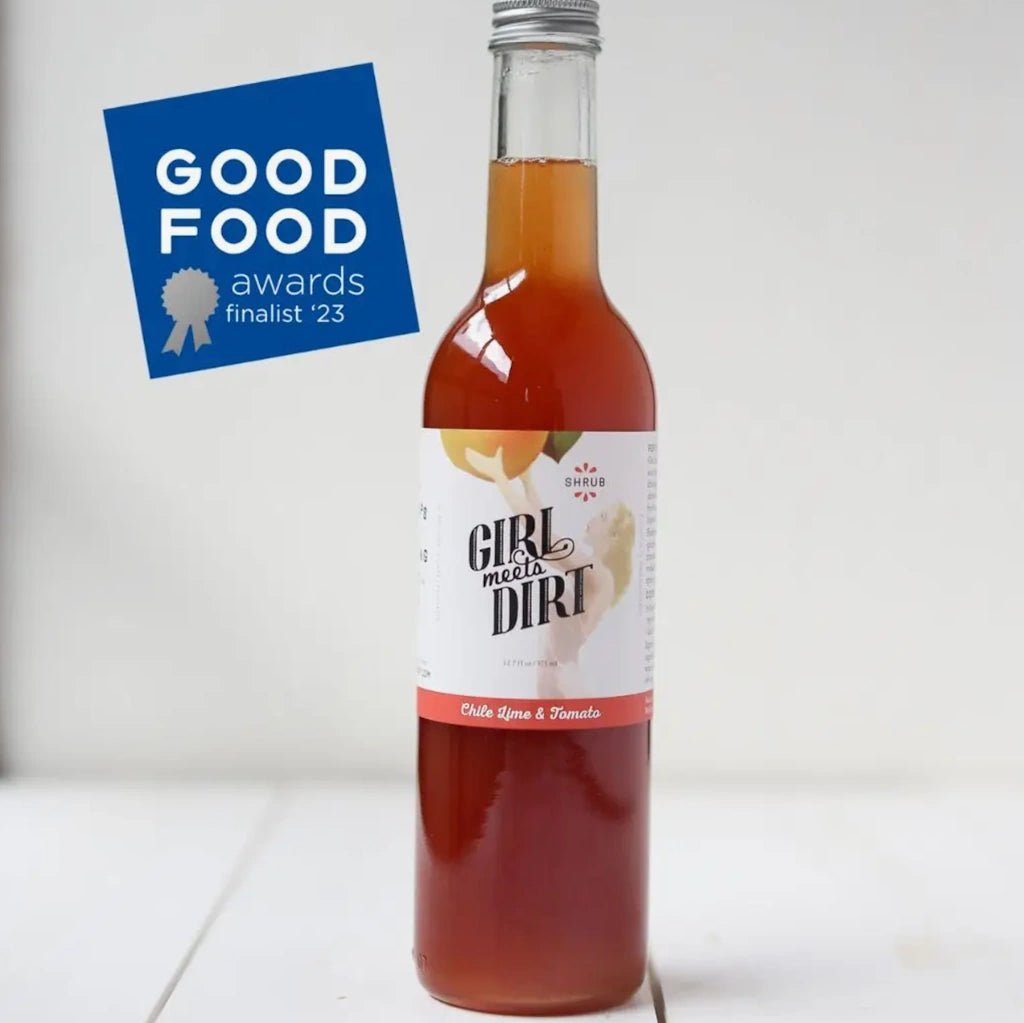 From Campanula Design Studio: Girl Meets Dirt Chili Lime & Tomato Shrub. We recommend ½-1oz shrub to 8oz sparkling water for a refreshing tonic, or spice it up with a splash of your favorite spirt.