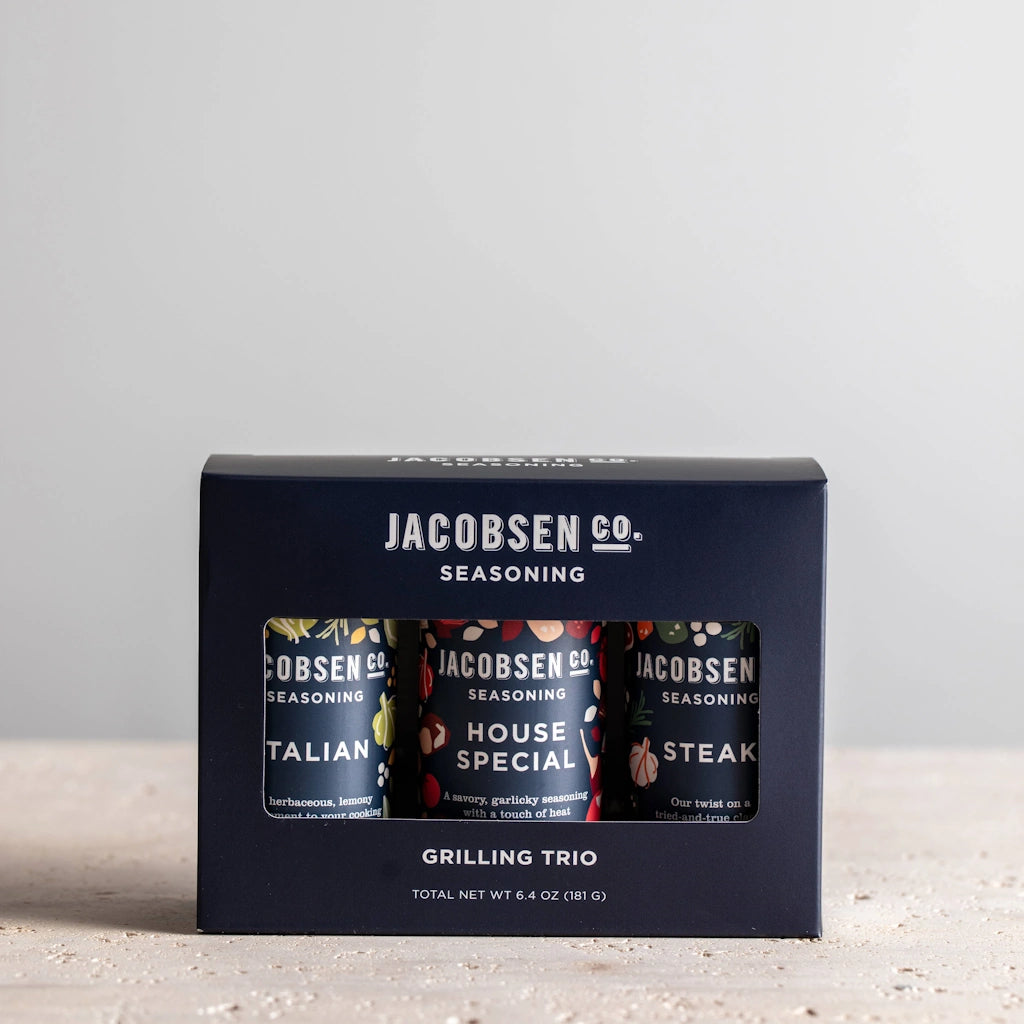 Jacobsen seasoning grilling trio packaging on a light background