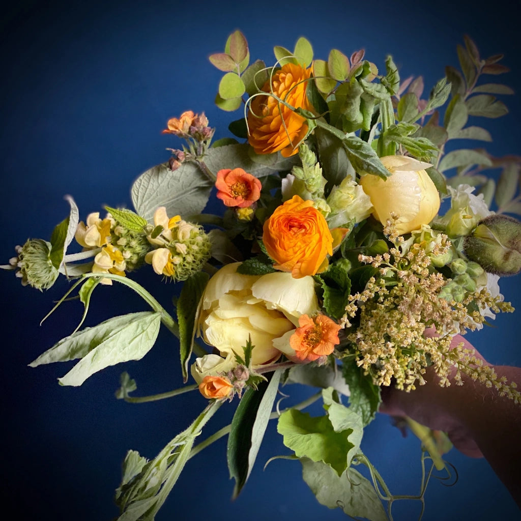 Hand tied bouquet in a reusable flower box from Campanula Design Studio.