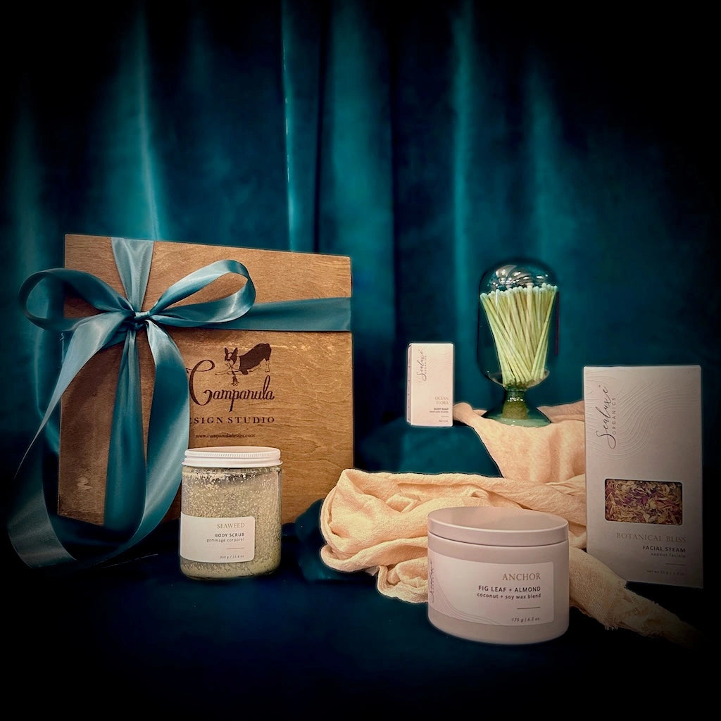 Just breathe spa gift box for nationwide shipping featuring body scrub, facial steam, soap, and candle.