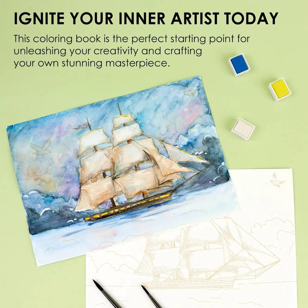 Coloring book with ship illustration on a green background with coloring samples.