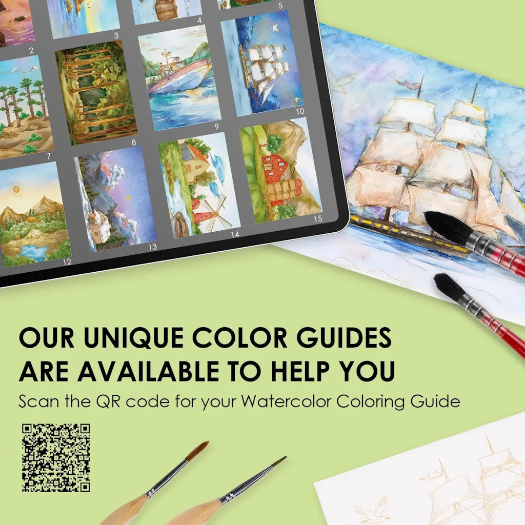 Color guide with watercolor illustrations on a tablet and paper, with brushes on a green background.
