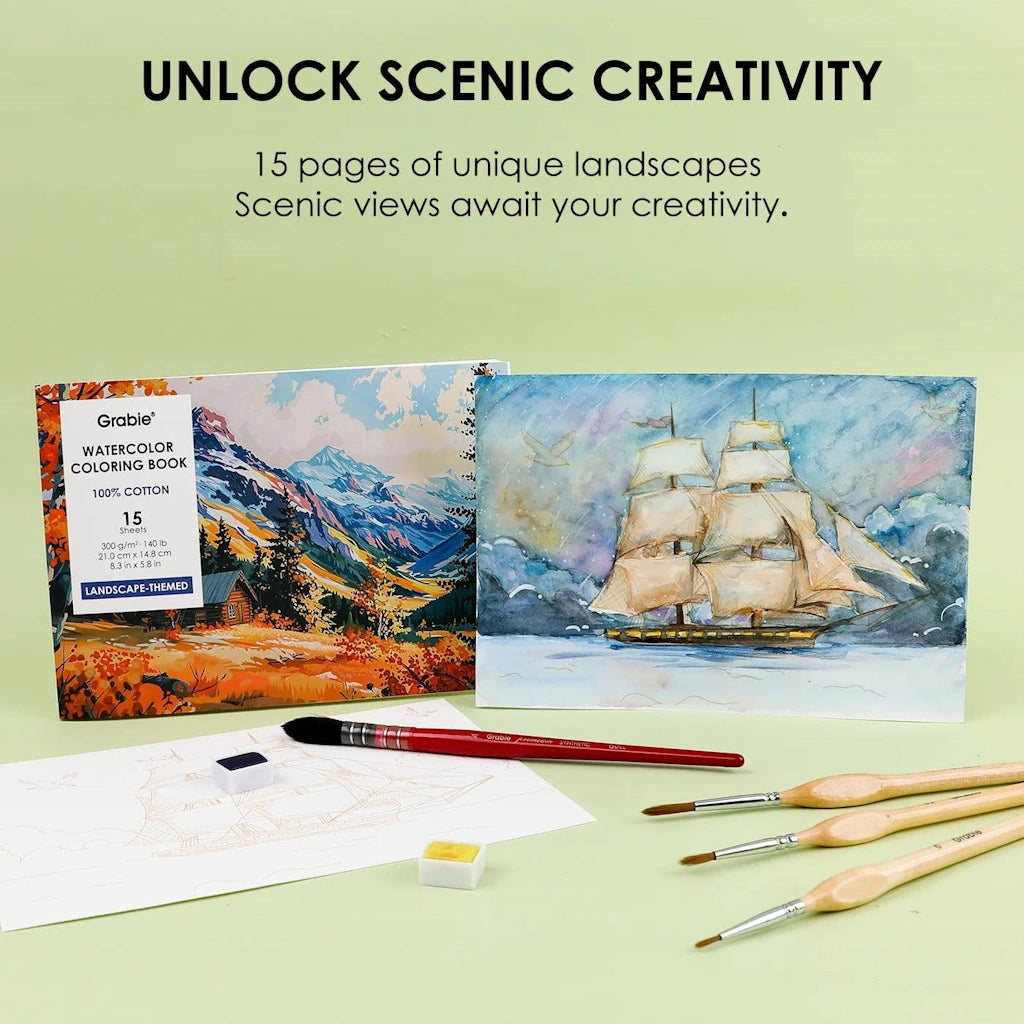 Grable watercolor coloring book with scenic illustrations on a light green background