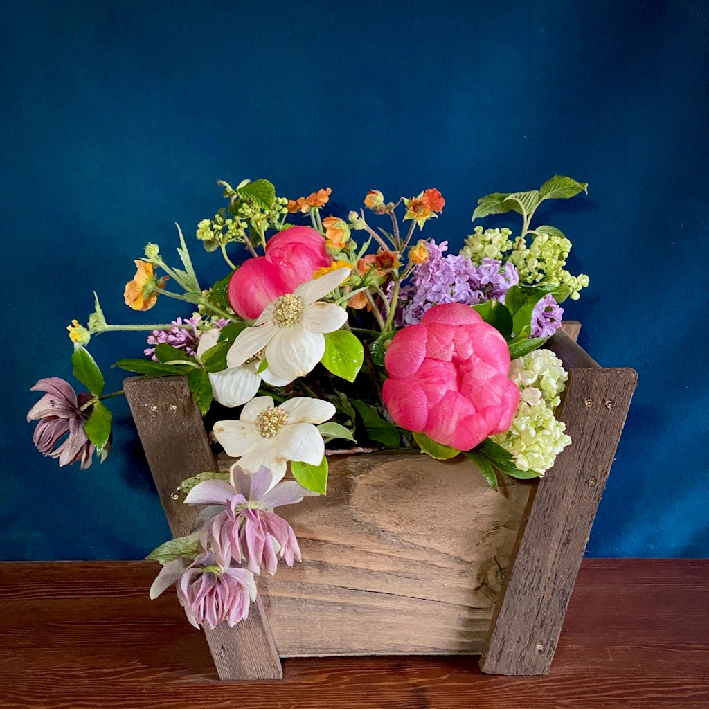 Bright and beautiful seasonal blooms in our signature, hand-made petite panier wooden gift basket. Consider add-ons like wine, chocolate, spa products, etc. from Campanula Design Studios in the Magnolia neighborhood of Seattle.