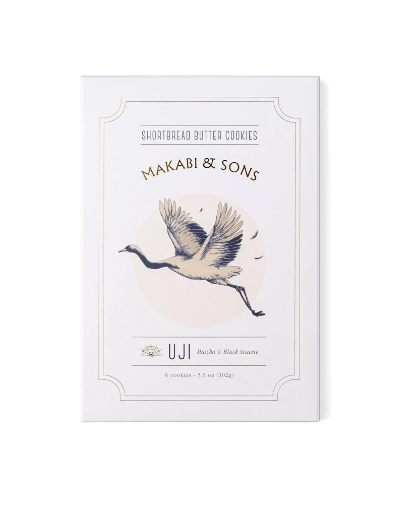 Packaging of Makabi & Sons shortbread butter cookies with a bird illustration on a white background
