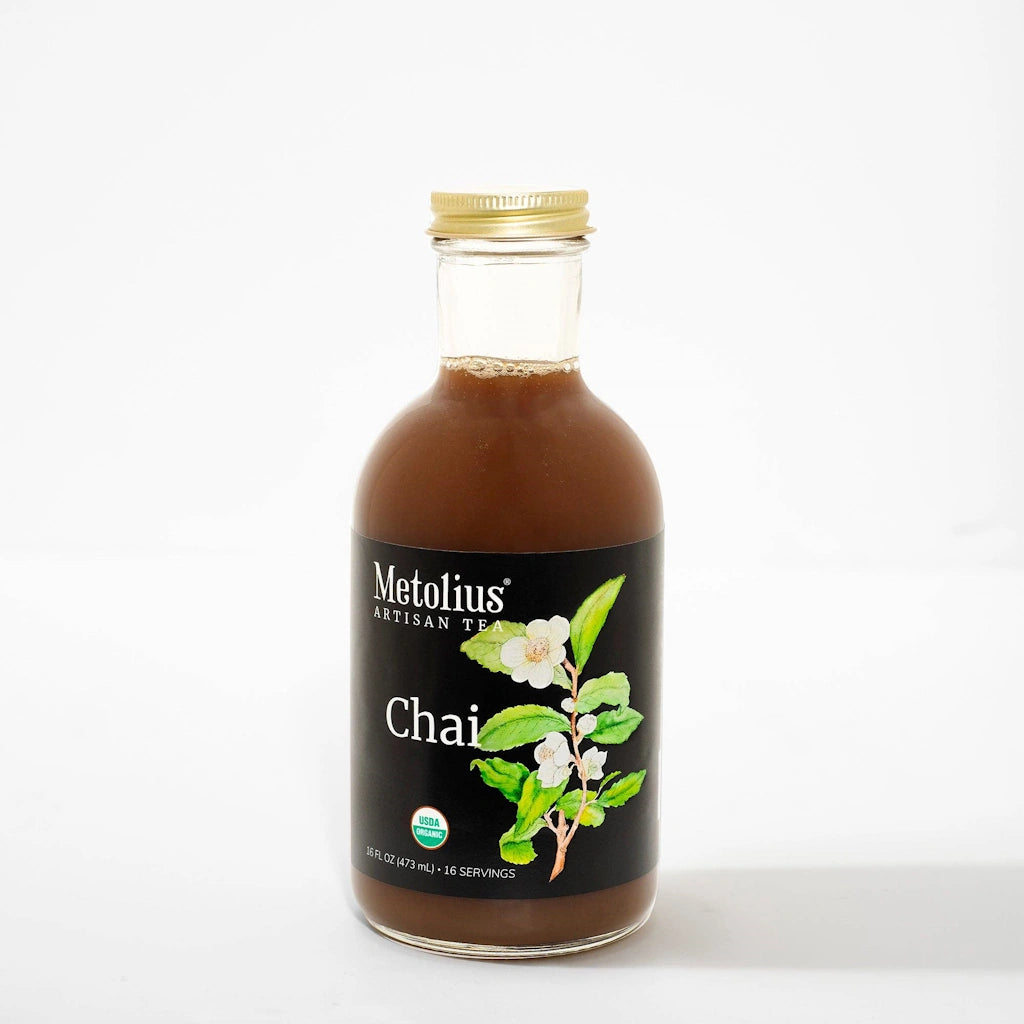Bottle of Chai concentrate by Metolius.  Available from Campanula Design Studio, Seattle florist and gift basket company in the Magnolia neighborhood.