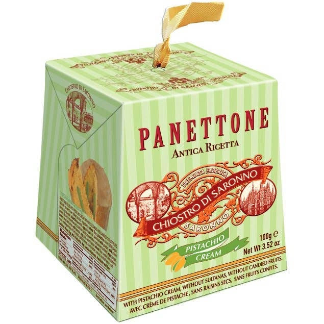Pistachio Panettone box with green and red design on a white background