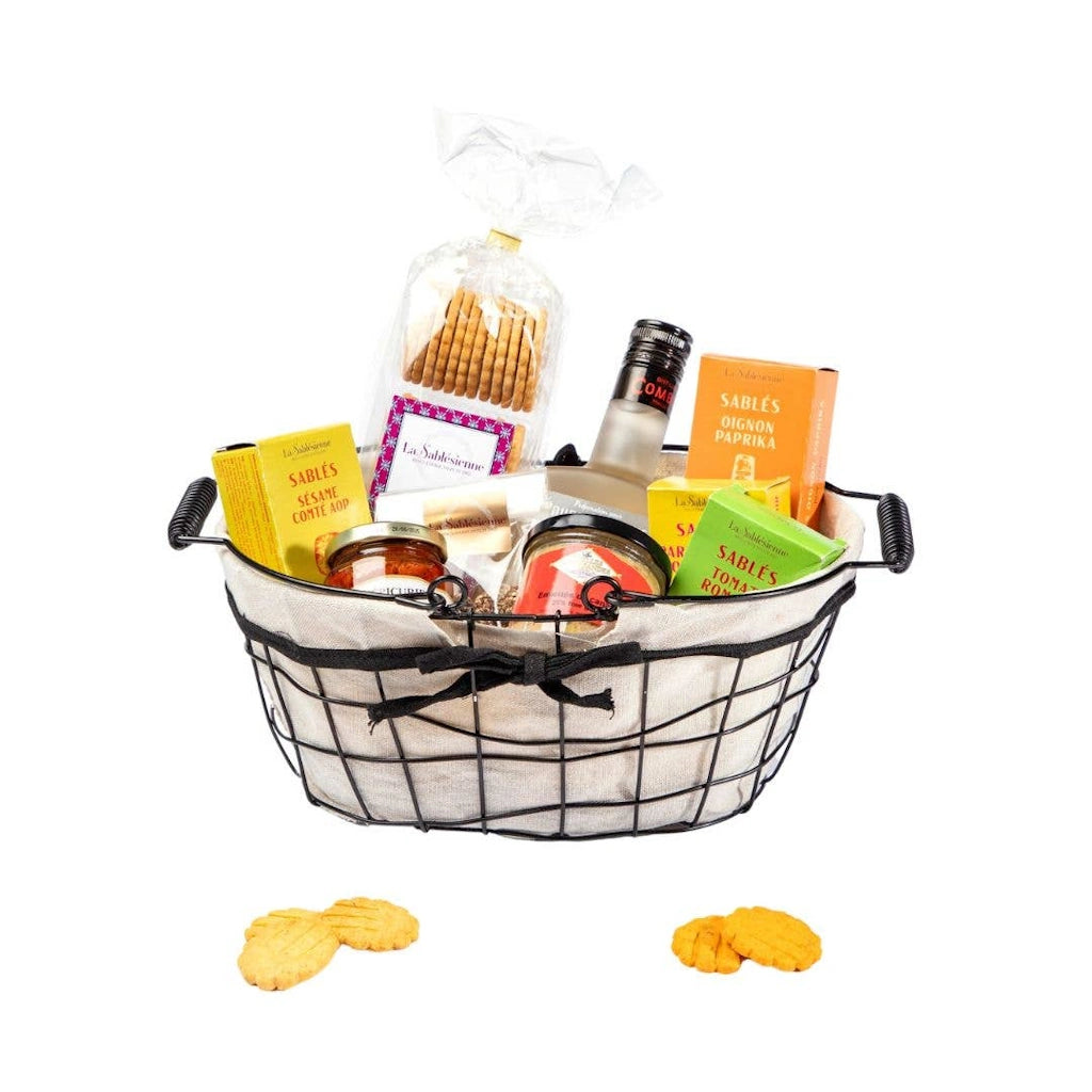 Basket of treats including Parmesan and Black Pepper Shortbread Crisps.