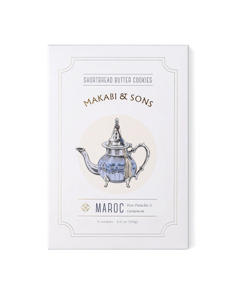 Packaging of Makabi & Sons Maroc shortbread butter cookies with a teapot illustration on a white background.