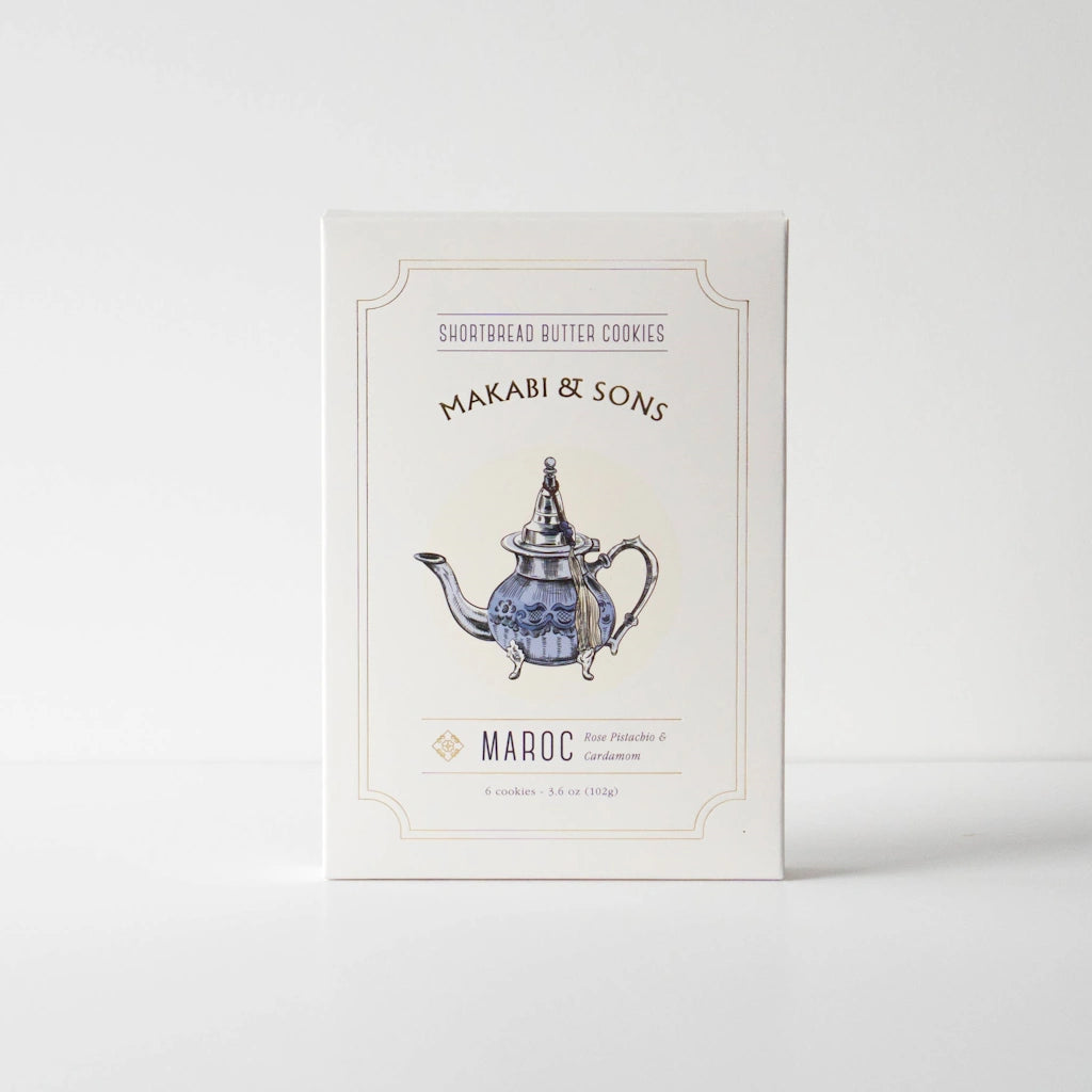 Packaging of Makabi & Sons Maroc shortbread butter cookies on a white background