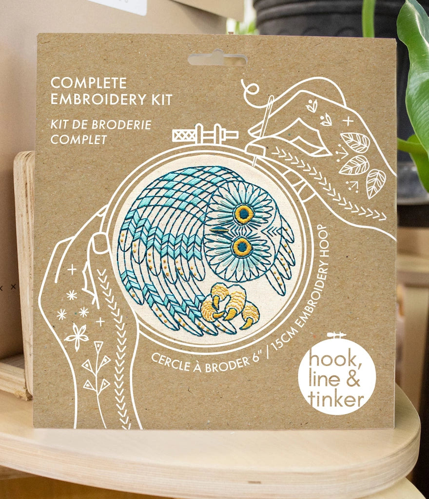 Complete embroidery kit packaging with fish design and 'hook, line & tinker' branding.  Available for sale from Campanula Design Studio, Seattle florist and gift basket company in the Magnolia neighborhood.